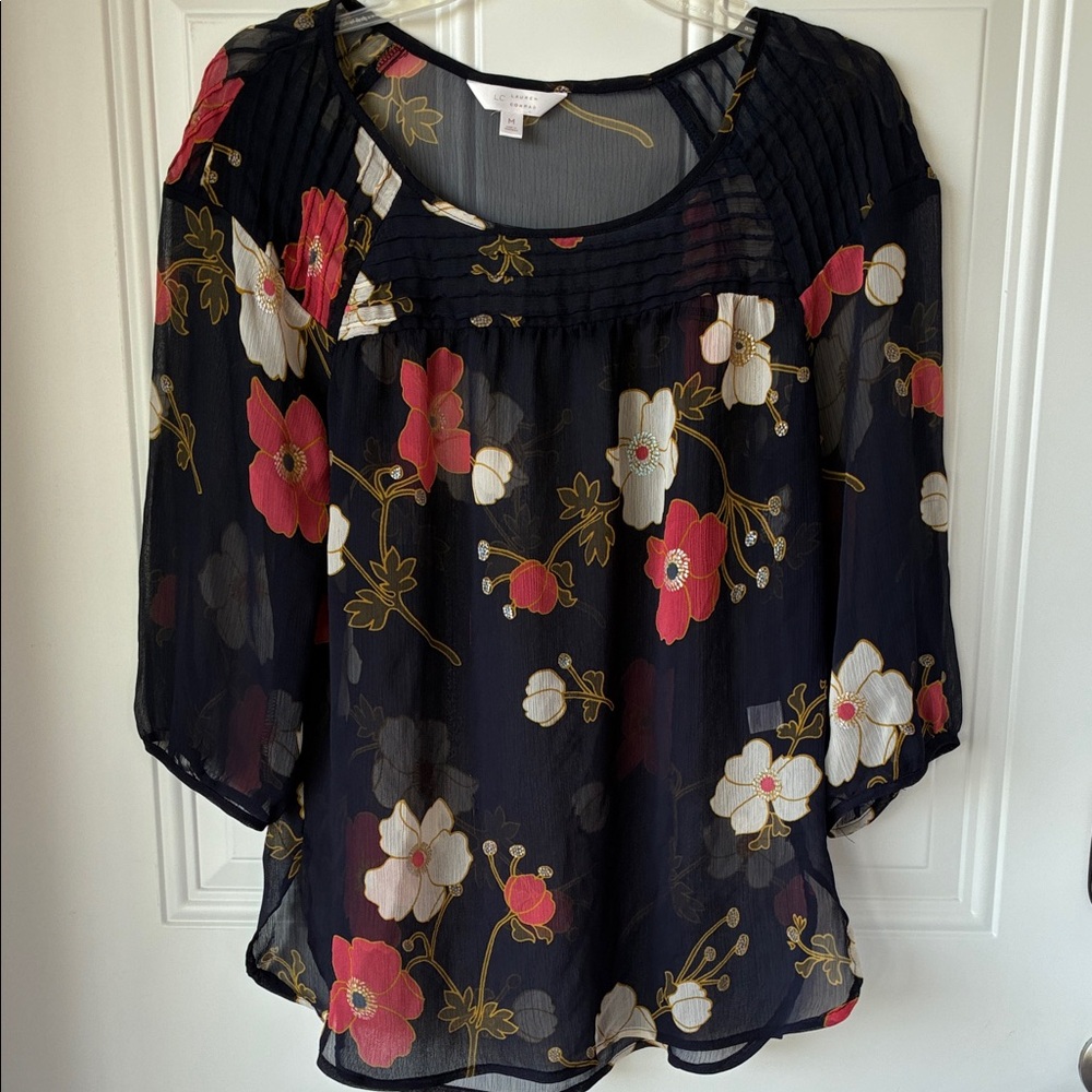 LC Lauren Conrad Black Sheer Floral Blouse with Pink & White Flowers